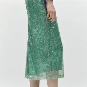 Zara Sequin aqua seafoam green blue midi skirt